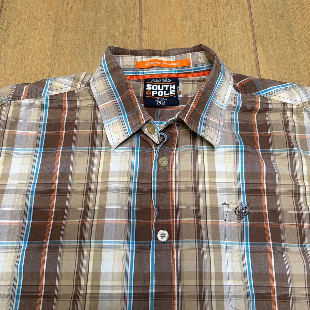 South Pole Plaid Button Up Shirt Mens XL Brown Blue Short Sleeve Casual Y2K
